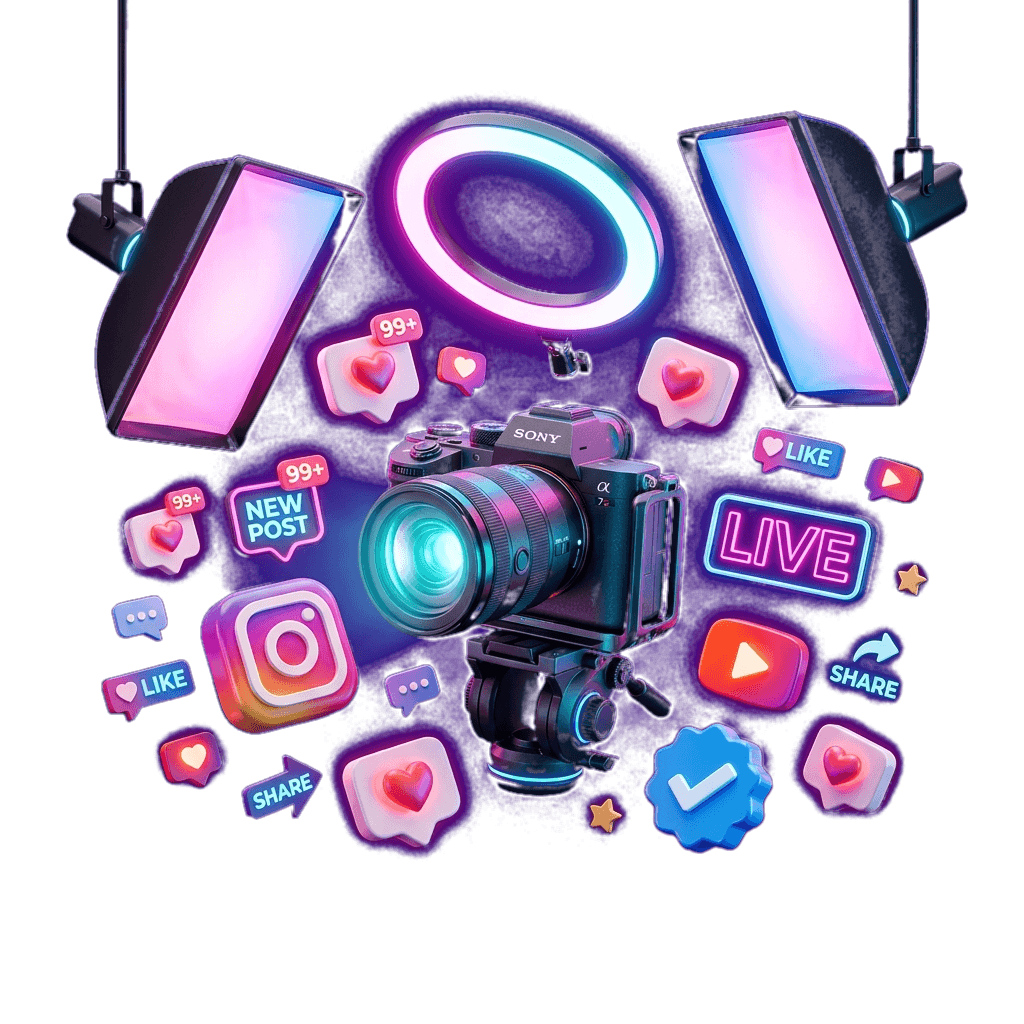 Influencer ve içerik üretici stüdyosu kamera ve ışık donanımı